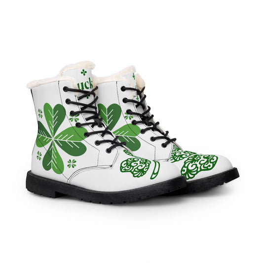 Men's Fur-Lined Leather Boots — Green Clover St. Patrick's Day Design